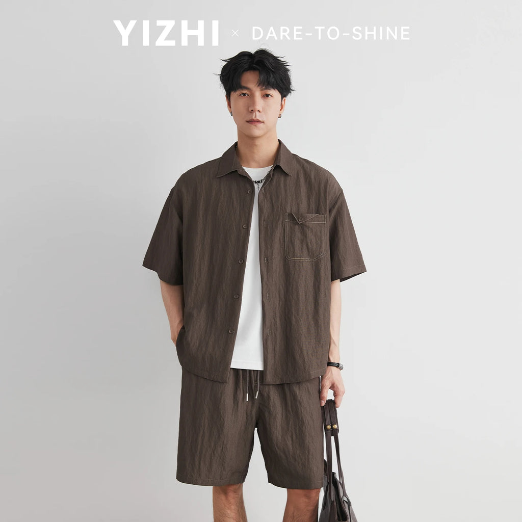 Men's Denim Pocket Cargo Short Sleeve Shirt Set 2026 Summer Old Money Style Relaxed Fit Shorts Two Piece Outfit
