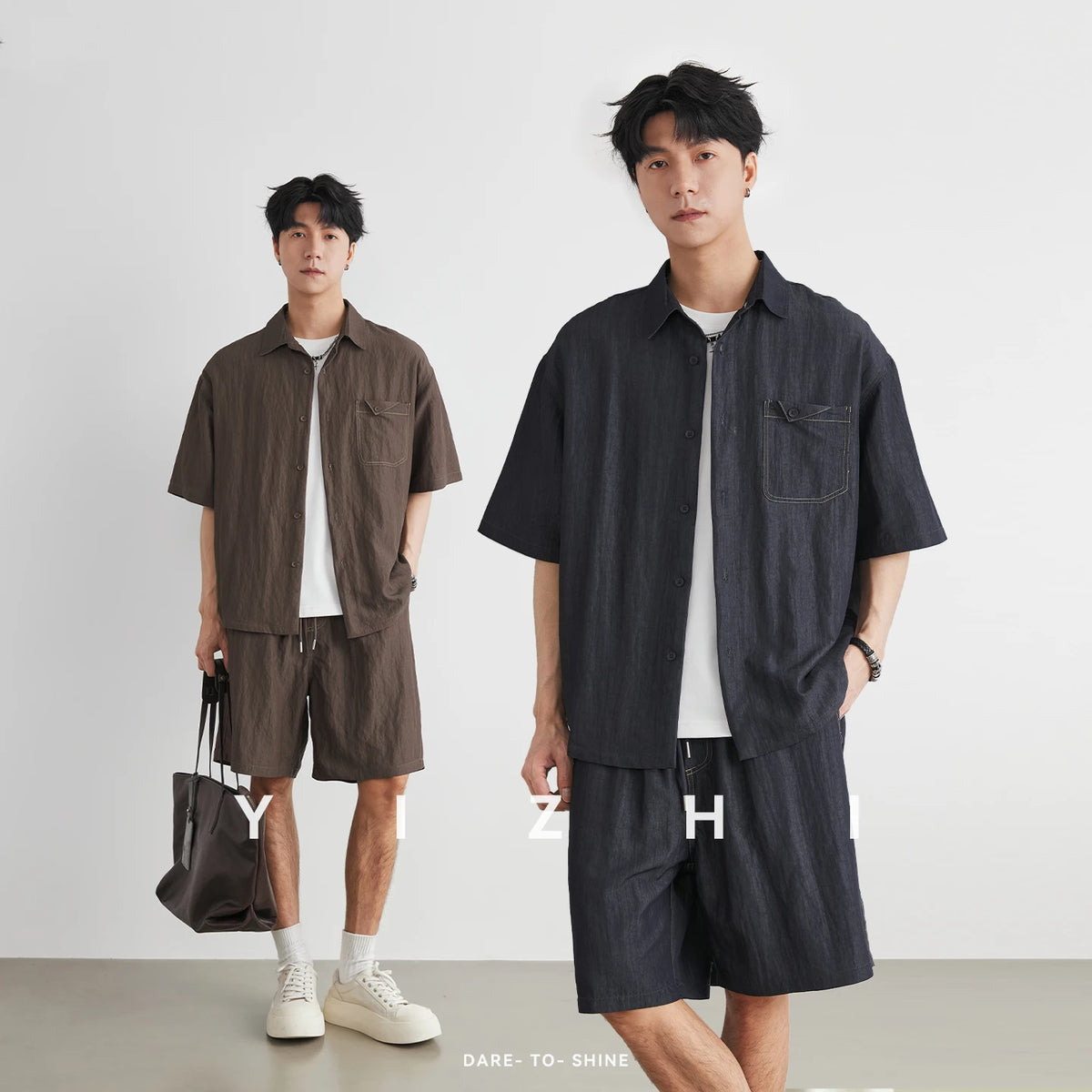 Men's Denim Pocket Cargo Short Sleeve Shirt Set 2026 Summer Old Money Style Relaxed Fit Shorts Two Piece Outfit