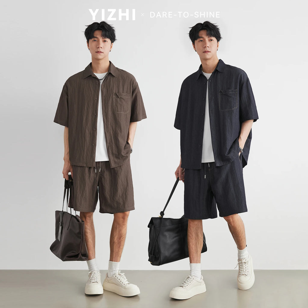 Men's Denim Pocket Cargo Short Sleeve Shirt Set 2026 Summer Old Money Style Relaxed Fit Shorts Two Piece Outfit